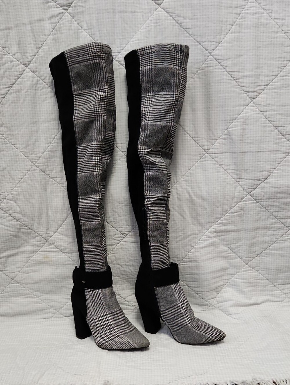 Shoe Dazzel Over-the-Knee Plaid Stretch Boots in Black and Gray